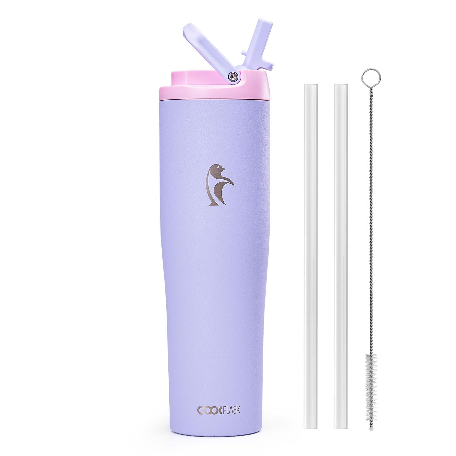 Photo 1 of Coolflask Water Bottle 40 oz Fits Car Cup Holder, Slim Tumbler Stainless Steel with Straw & Handle, Vacuum Flask Leakproof Wide Mouth for Travel Sports Gym, Lavender