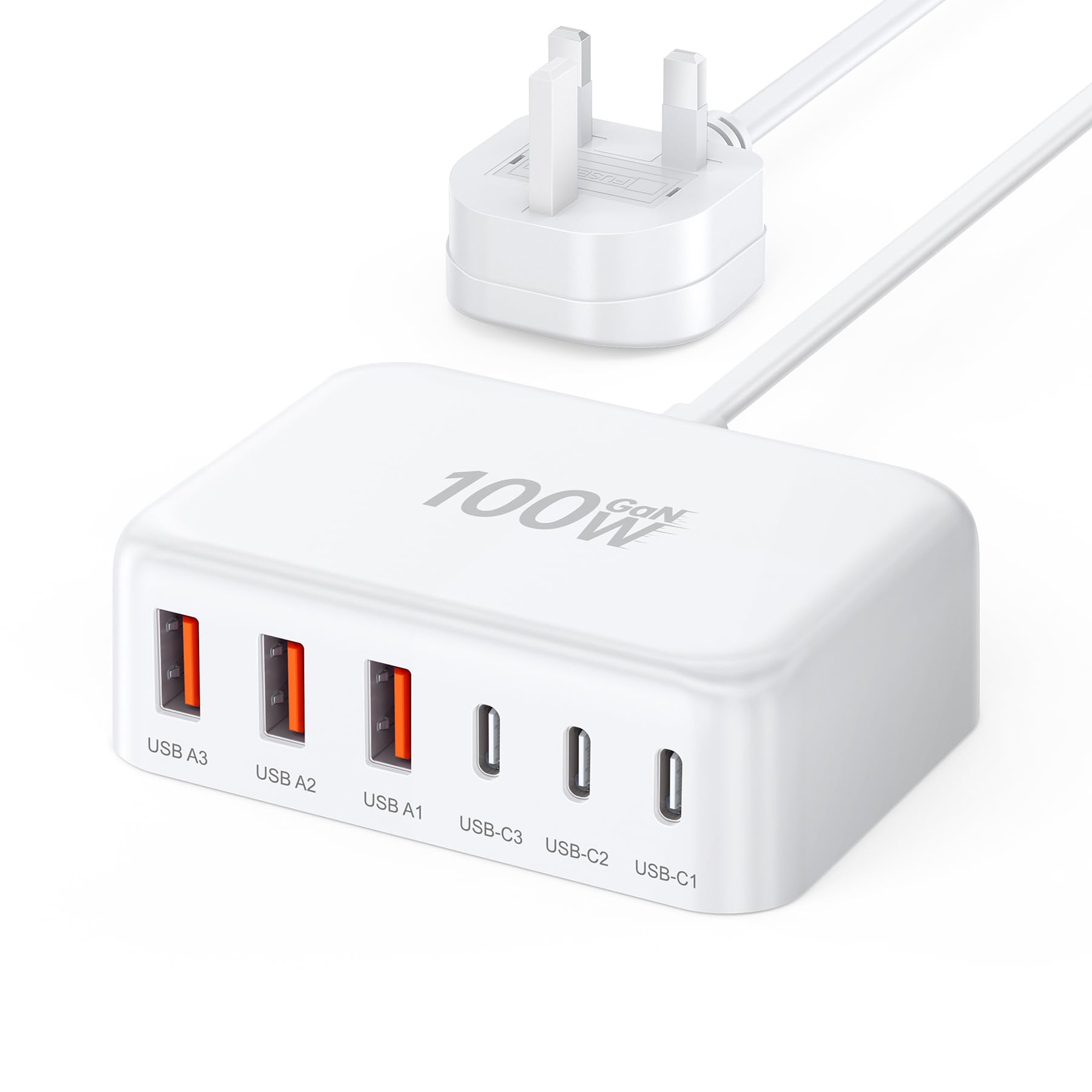 100W GaN 6 Port USB C Charging Station - Portable Travel Multi Desktop Charger With 3 USB C and 3 USB A Fast Charging for iPad iPhone 16 15 14 13 12 Pro Max Pixel Note Galaxy - White