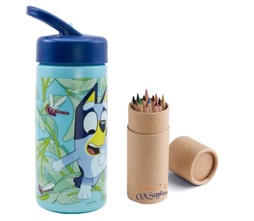OM SUPPLIES Characters Reusable Sipper Water Bottle Drink Bottle with built-in handle for Easy Carry School Lunch Kids Childrens 410ml (Blue)