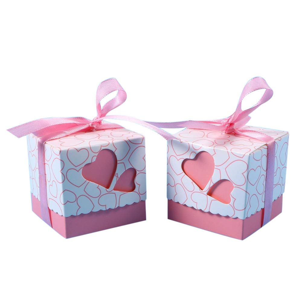 50-Piece Wedding Favours Box Placeholder Gift with Sating Ribbon and Hearts Design pink