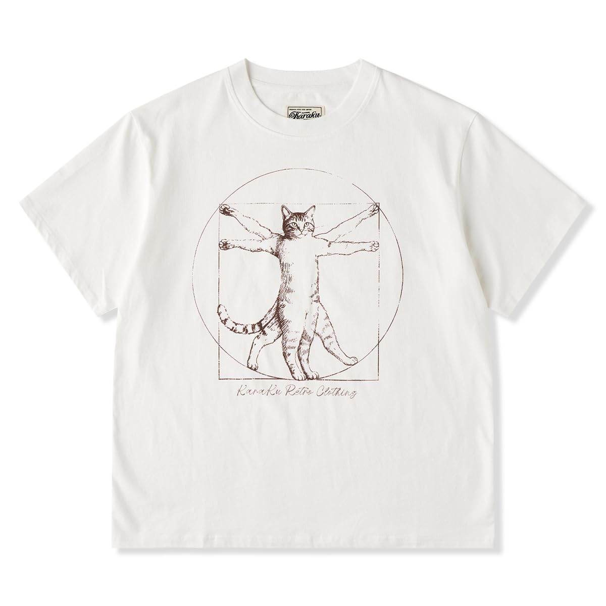 Tシャツ 半袖 メンズ 丸首 綿100% 吸水速乾 夏服メンズ 涼しい 人気 カジュアル 柔らかい肌触りバック「ウィトルウィウス的にゃん体図」スケッチ風線画コットンTee M