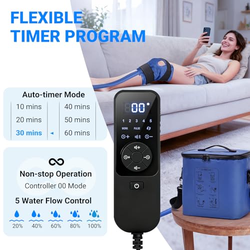 Fiveoffo Cold Therapy Machine, Programmable Timer Ice Machine for Knee After Surgery, Portable Knee Ice Machine with Quiet Pump, Continuous Cold Flow, 12H Cooling, Knee Replacement, Swelling Reduction