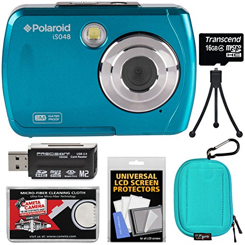 Polaroid-iS048-Waterproof-Digital-Camera-Teal-with-16GB-Card-Case-Mini-Tripod-Kit