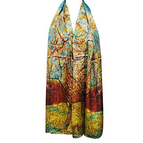 Wrapables Luxurious 100% Charmeuse Silk Long Scarf with Hand Rolled Edges, Van Gogh's Peach Tree in Bloom