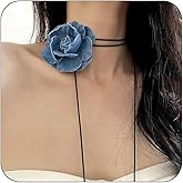 Bethynas Vintage Blue Denim Flower Choker Necklace Artificial Rose Floral Lace-up Necklace Long Wrap Leather Tie Neck Accessories for Bridal Summer Party for Women