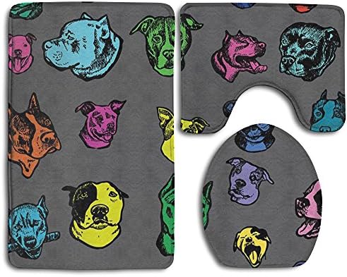 YU TING COOL Pitbull Dog Art Non-Slip 3-Piece Bathroom Mat Set Bath Mat + Contour Rug + Toilet Lid Cover Washable Rubber Backing