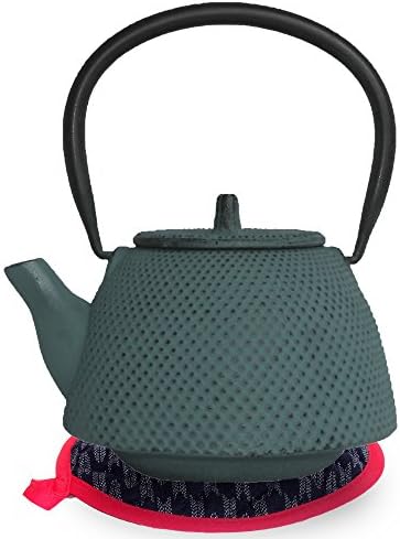 Nanbu Tekki Tetsubin Teapot Kettle w/ Stainless Steel Mesh Infuser Basket and Hand Made Pot Stand, DeepGreen