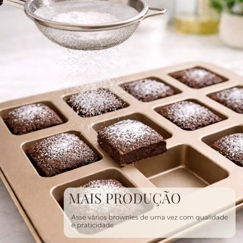 Forma para Brownie 12 Cavidades Quadradas Antiaderente, Assadeira de Aço Carbono para Mini Brownies, Cupcake, Mini Bolos, Doces e Sobremesas no Forno
