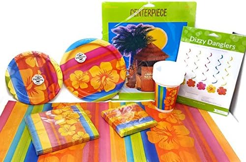 Sunset Stripes Luau Dinnerware/Decorations Combo Pack 8-Piece Bundle, Serves 16 (Plates/Napkins/Cups/Tablecloth/Centerpiece/Dizzy Danglers)