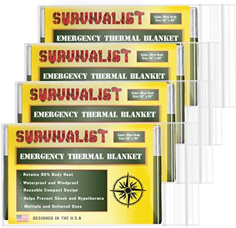 Survivalist Emergency Mylar Thermal Space Blanket (4 Pack + Bonus) Perfect for Survival, Bug Out Bag Supplies, Outdoors, Hiking and First Aid - Designed for NASA and Military