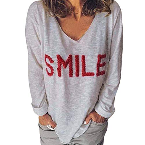 DOIuye Women Plus Size Tops Sexy Embroidery Letter Print T-Shirts Long Sleeve V-Neck Office Wear Blouse Shirt Tee Gray