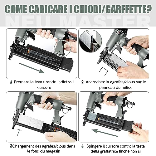 NEU MASTER 2 in 1 Multifunctional Pneumatic Nailer/Stapler with 800 Nails, 200 Staples, Carrying Case, Potection Glasses, Empty Plastic Bottles and 2 Allen Keys