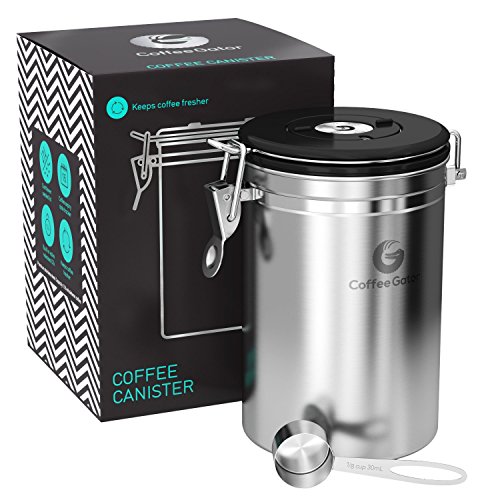 Coffee Gator Stainless Steel Container - Canister with co2 Valve and Scoop - Large, Silver