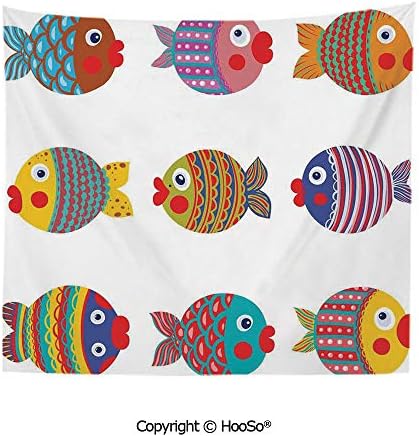 Durable Washable and Reusable tapestry wall hanging carpet 59x40in,Puffers Toadfish Colorful Childish Fish Family with Folk Patterns Children Nursery,Multicolor Comfy and No Strange Odor home decor