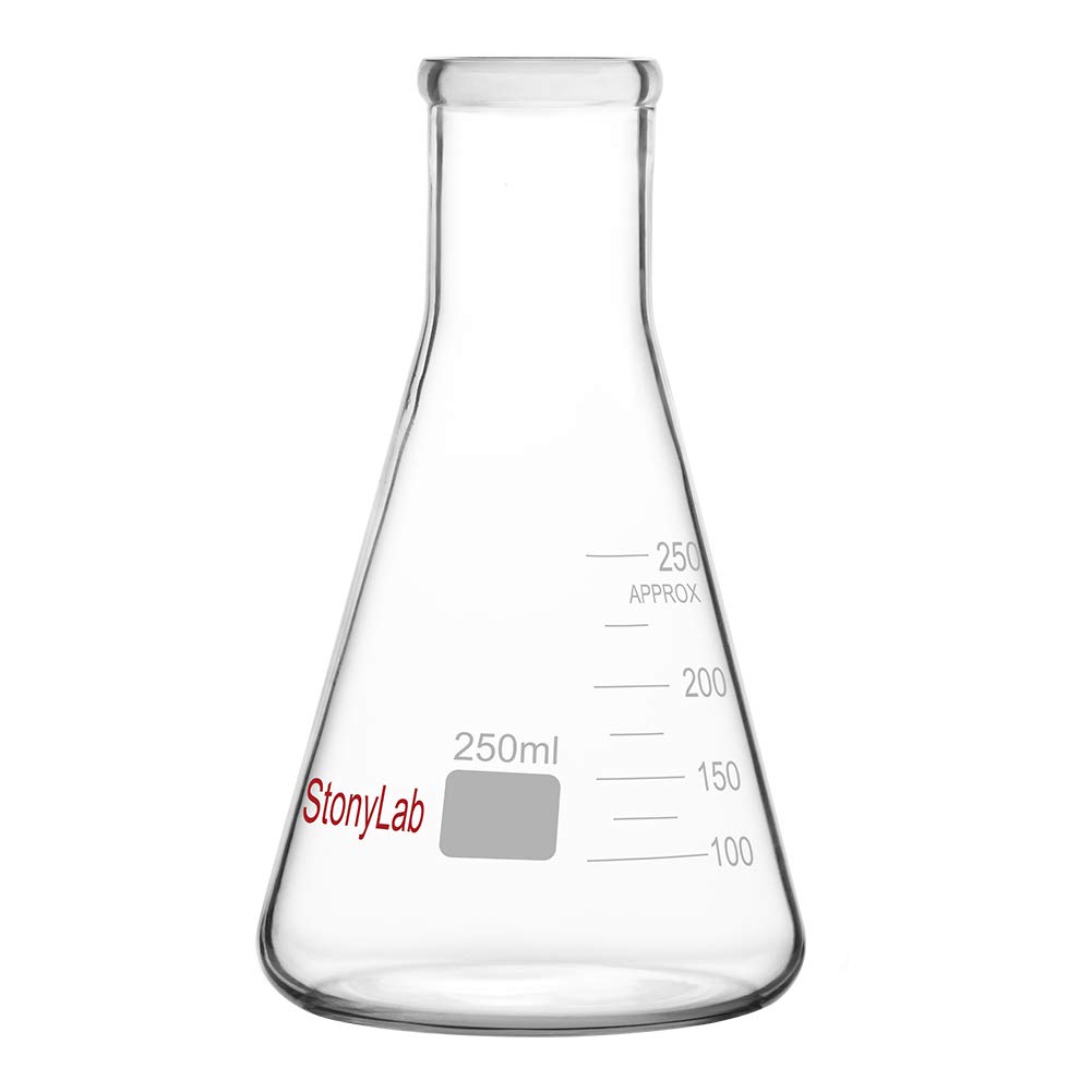 stonylab 1-Pack Glass 250ml Heavy Wall Narrow Mouth Erlenmeyer Flasks with Heavy Duty Rim (250ml Fits with StonyLab 7# Rubber Stopper)