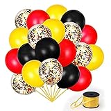 70Pack Red Black Yeloow Balloons, 12 Inch Red Black Yellow Latex Balloons Premium Helium Quality Sequins Balloon For Party Supplies and Decorations(With Yellow Ribbon)