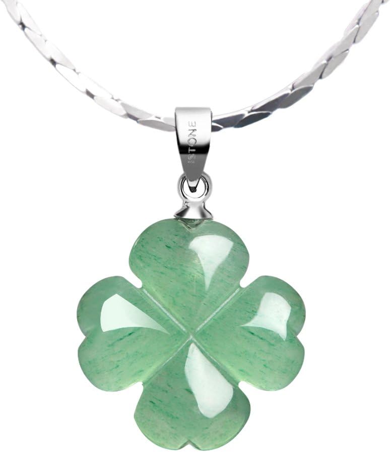iSTONE Unisex Healing Gemstone Necklace Natural Green Four Leaf Clover Stones Crystals Pendant Necklace with Chain 18" Jewelry Gift (Aventurine+Silver Chain)
