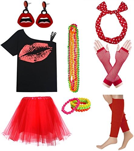 Fashion by Janestone Women Sexy Lips Off Shoulder Shirt with Color Tutu Skirt Complete Costume Outfit