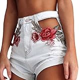 Dellytop Women Vintage Floral Embroidery High Waist Cut Out Distressed Denim Shorts