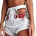 Dellytop Women Vintage Floral Embroidery High Waist Cut Out Distressed Denim Shorts