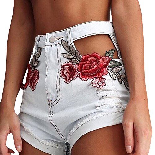 Dellytop Women Vintage Floral Embroidery High Waist Cut Out Distressed Denim Shorts