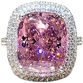 QUSIIOSLK 18K Gold Plated Princess Cut Pink Crystal Silver Ring with AAA White Cubic Zirconia Full Diamond Ring CZ Eternity Engagement Wedding Band Ring for Women Size 6-10