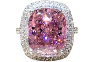 QUSIIOSLK 18K Gold Plated Princess Cut Pink Crystal Silver Ring with AAA White Cubic Zirconia Full Diamond Ring CZ Eternity Engagement Wedding Band Ring for Women Size 6-10