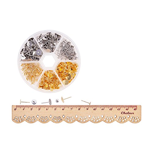 Pandahall Elite 1 Box 300 PCS 3-Size 2-Color Blank Earring Pins 304 Stainless Steel Flat Round Blank Peg & Post Ear Studs Findings