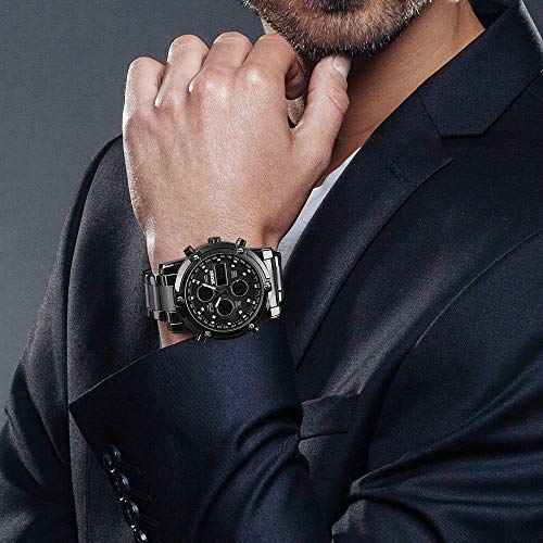 Stainless Steel Strap Outdoor Sport Watch Analog Digital LED Dual Time Display Mens Watch (Silver Blue)