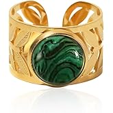 Dikixe Western Malachite Statement Ring, Gold Plated Stainless Steel Green Gemstone Birthstones Adjustable Stackable Ring, Vintage Accessories Gifts for Women