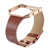 bayite Leather Bands with Frame for Fitbit Blaze Genuine Leather Straps Replacement for Fitbit Blaze Smart Fitness Watch Women Men Brown