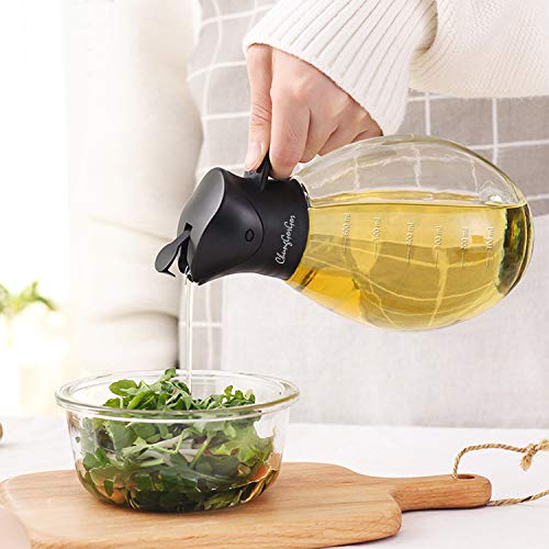 Olive Oil & Vinegar Dispenser Bottle with Scale and Non-Slip Handle - Auto Flip Cap - Non-Drip Spout - Glass, 20.5 oz Leakproof Condiment Container,Cooking Oil Cruet for Kitchen