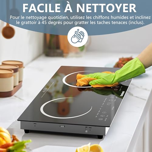 Karinear, 2-burner ceramic hob, electric hob, portable electric hob with VDE socket, child safety, residual heat indicator, 220-240 V