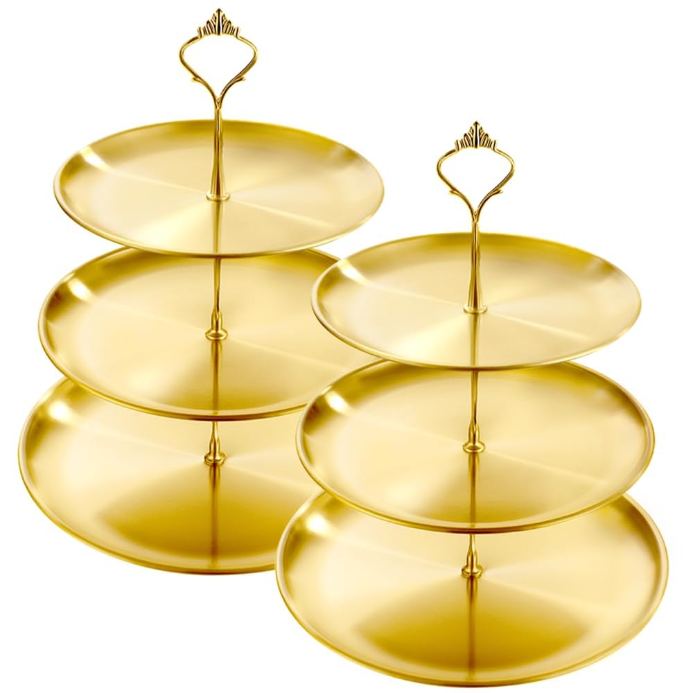 Cake Stand,3 Tiers 2 PCS Stainless Steel Cupcake Stand,Gold Serving Tray Cake Holder Cake Display Stand for Afternoon Tea Decorations,Reusable Circular Cake Stand for Party,Wedding(3tier-2PCS)