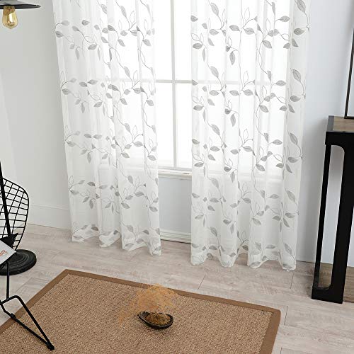 Haperlare Sheer Curtains, Room Decorative Voile Grommet Sheer Curtain Panels Floral Embroidered Semi Sheer Window Drapes for Bedroom, 52 x 95 Inch, 2 Panels, Gray Embroidery