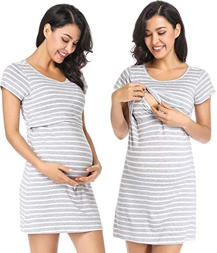 Ritera Maternity Dress Nursing Nightgown Strip Breastfeeding Nightshirt Short Sleeve Sleepwear