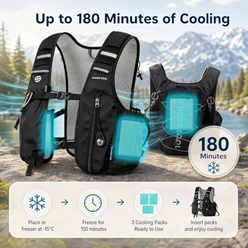 SAVIOR COOL Cooling Running Vest with Hydration Bladder 2L, 10L Hydration Backpack, 3 Cool Packs, 180 Min Cooling System, Reflective, for Men and Women | 2L water bladder, 3 cold sources