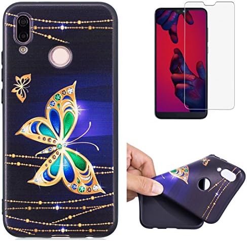 For Huawei P20 Lite Case and Screen Protector,OYIME Luxury [Golden Butterfly] Relief Pattern Design Black Silicone Rubber Thin Bumper Drop Protection Anti-Scratch Protective Back Cover