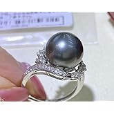 925 Sterling Silver Cut Large 12mm Black Pearl Freshwater Pearl Ring AAA Zircon Black Pearl Lady Ring Adjustable Open Anniversary Engagement Rings for Women Simple Style Vintage Ring