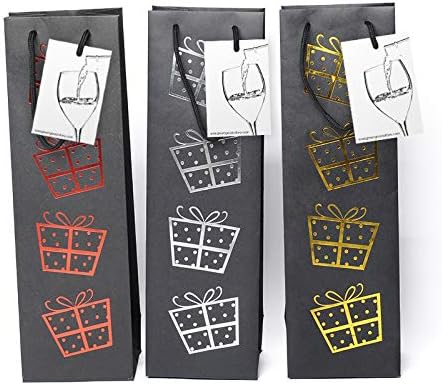 EVG 6 Pack Premium Black Wine Gift Bags with Gift Tag and Handles, Presents Design