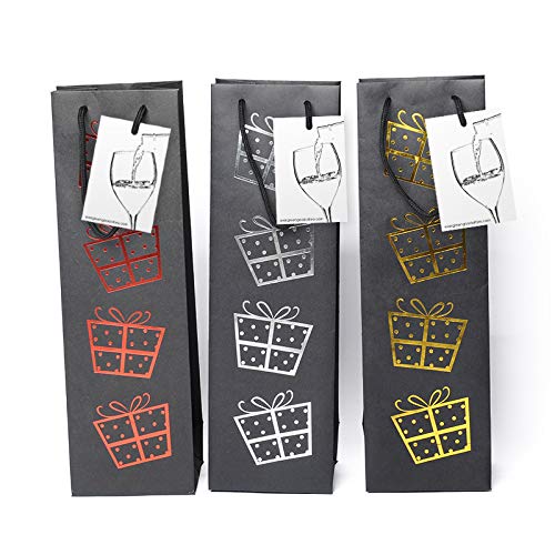 EVG 6 Pack Premium Black Wine Gift Bags with Gift Tag and Handles - Presents Design – Wine Bottle Carrier for Weddings, Anniversary, Birthdays, Special occasions, H: 39 cm x W: 12 cm x D: 9 cm