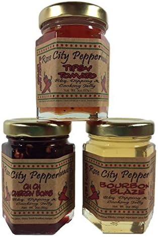Instilled with Spirits! Ch Ch Cherry Bomb, Bourbon Blaze, Tipsy Tomato - Mini Trio Pepper Jelly By Rose City Pepperheads - St Patricks Day, Get Well, Birthday, Hostess Gift