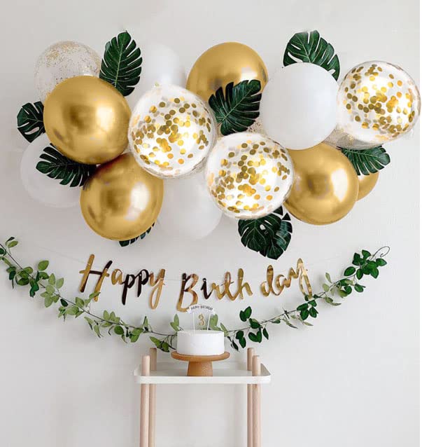 Jwssor Gold Birthday Decoration - White Balloons and Banner for Anniversary (Gold and White)
