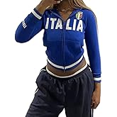 heyheyshine Women's Zip Up Hoodies Y2k Cropped Cardigan Jacket Italia Graphic Vintage Drawstring Hooded Sweatshirts