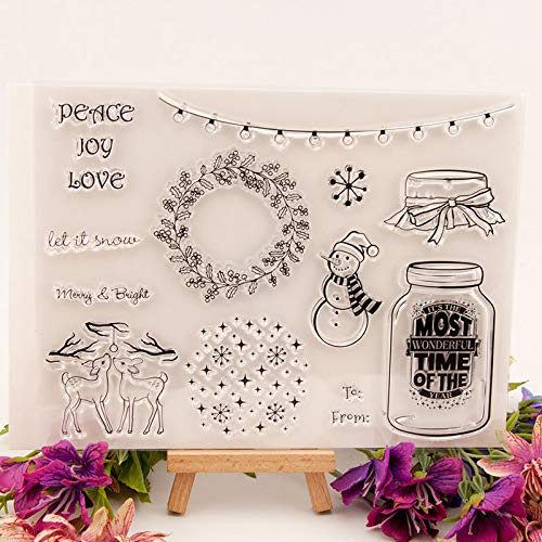KWELLAM Merry Christmas Let it Snow Snowman Wreath Bottle Deer Star Party Light Clear Stamps for Card Making Decoration and DIY Scrapbooking