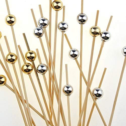 Jyongmer 200 Counts 4.7" Gold & Silver Pearl Handmade Bamboo Toothpicks, Fruit Sticks, Cocktail Picks,Wooden Toothpicks Party Supplies