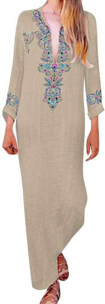 Kaftan Dresses for Women Boho Loose Tropical Oversized Sundress Pleat Tunic V Neck Long Maxi Dress JHKUNO