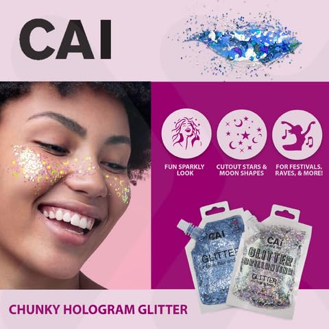 Face, Body & Hair Glitter Gel – Halloween Glitter for Kids and Women – 3 Oz Cosmetic-Grade Gel w/Moon & Stars for Festivals & Halloween Party, Easy Apply & Wash Off - Silver 1Pack