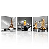 Kreative Arts - 3 Panel Paris Effiel Tower Canvas Painting Picture City Building London Bridge Big Ben Landscape Wall Art Modern Printing Ready to Hang (16x16inchx3pcs)