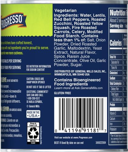 PROGRESSO VEGETABLE CLASSICS, LENTIL WITH ROASTED VEGETABLES CANNED SOUP, GLUTEN FREE, 19 OZ.